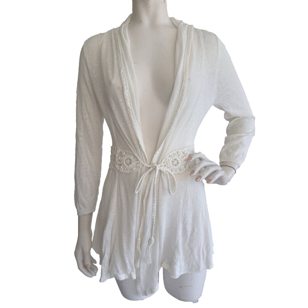 KNITTED AND KNOTTED Sweater Anthropologie White Crochet Boho Tie Front  Size S